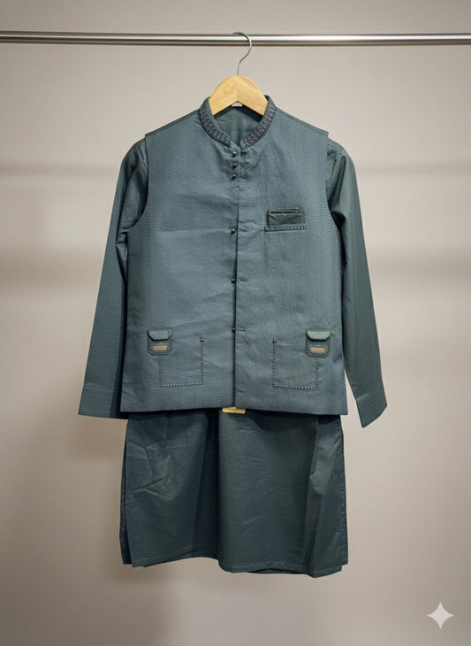 Boys Traditional Kurta with Embroidered Vest | Sizes 24–30